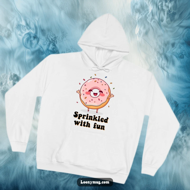 Funny giggling donut hoodie character juggling sprinkles with a grin, cozy and humorous sweet apparel.