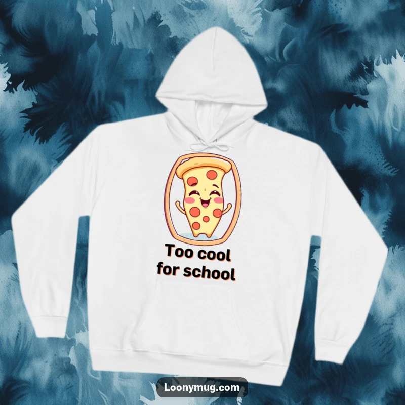 Funny hoodie with a giggling pizza slice character playfully making silly faces while looking in a mirror.
