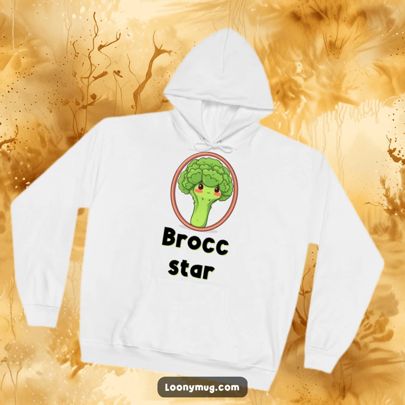 Funny hoodie depicting a proud broccoli admiring its own reflection and florets in a mirror, celebrating self-love.