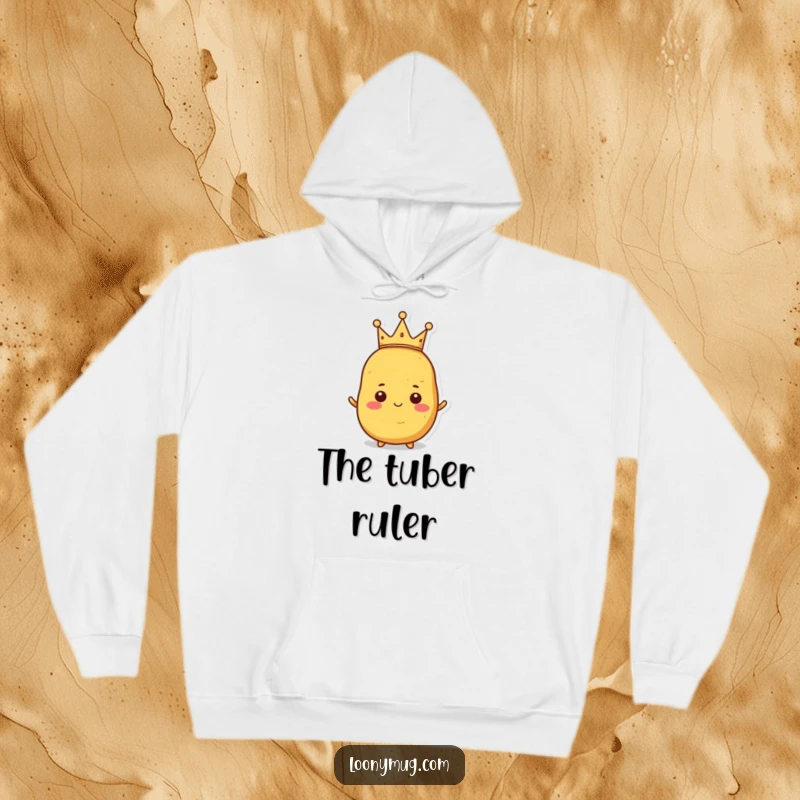 Funny hoodie showcasing a proud potato wearing a tiny, crooked crown, exuding regal comfort.