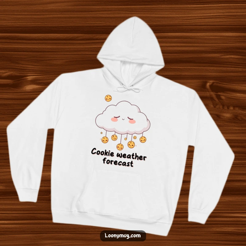 Funny sleepy cloud dreaming of raining cookies, on a soft and warm hoodie. A humorous and comfortable apparel choice.