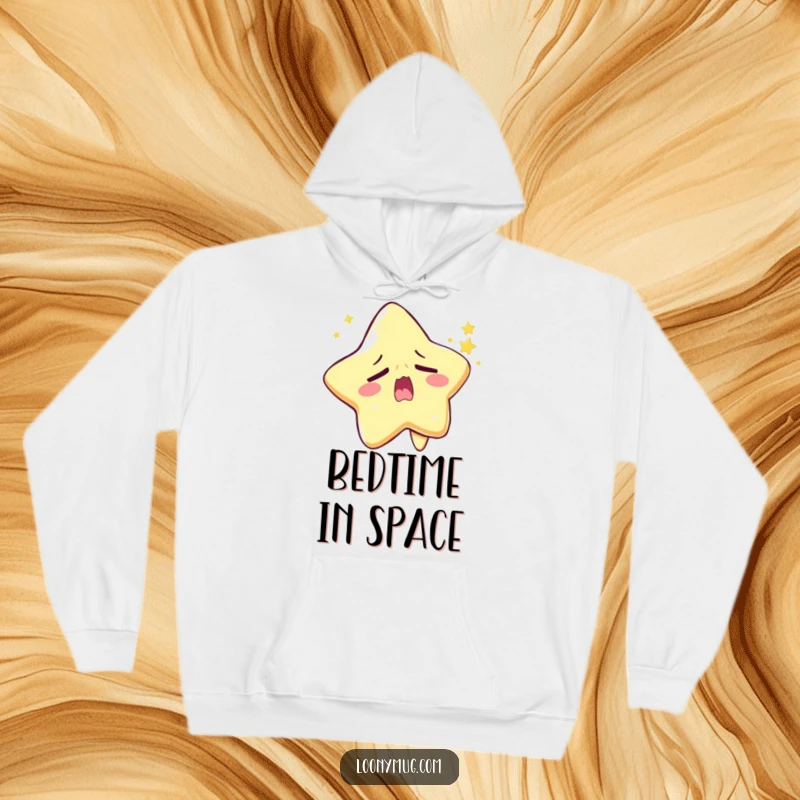 Funny sleepy star hoodie character yawning widely while trying to twinkle, cozy and humorous celestial wear.