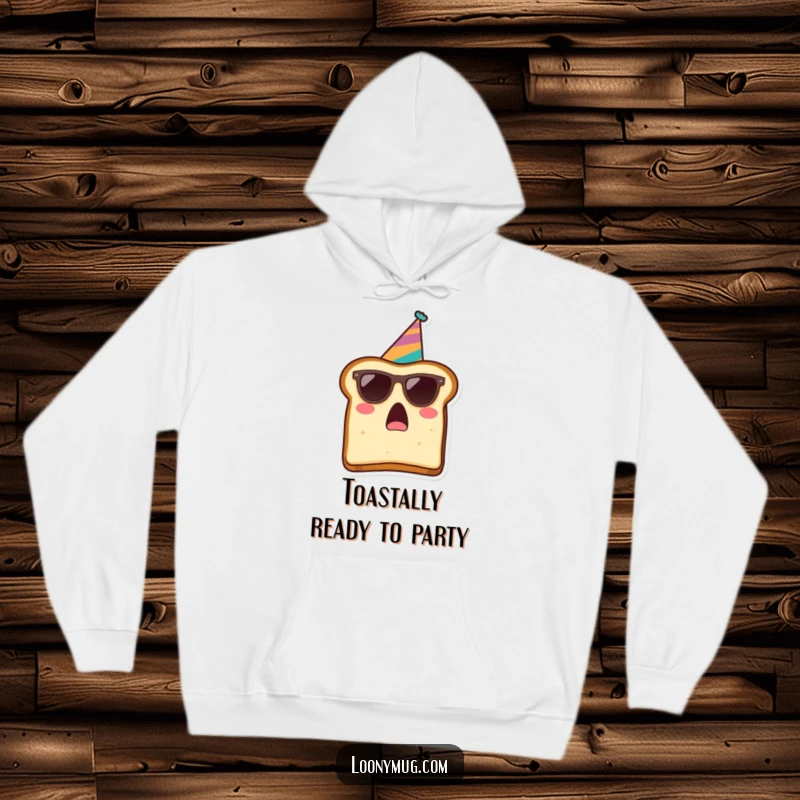 Funny hoodie showcasing a surprised slice of toast in sunglasses and a party hat, radiating fun and festive vibes.