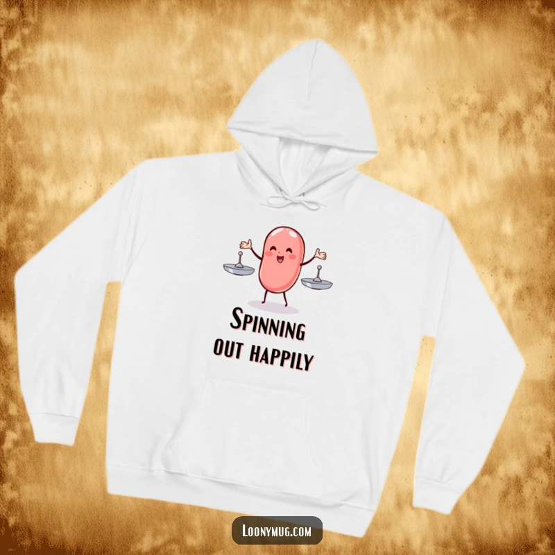 Funny hoodie featuring a wobbly jelly bean juggling three spinning plates, perfect for embracing life's challenges with humor and warmth.