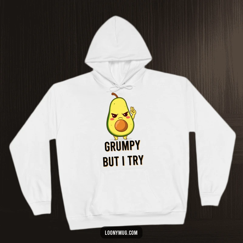 Funny hoodie with a grumpy avocado character offering a half-hearted high-five, perfect for expressing mild annoyance.