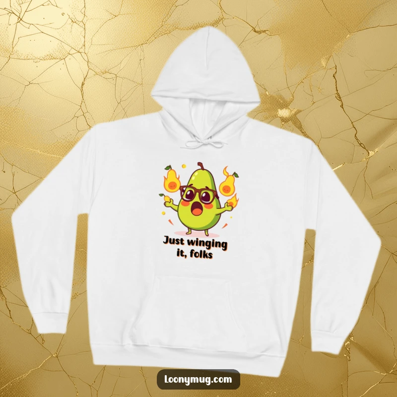 Funny hoodie showing a surprised avocado in glasses, accidentally juggling flaming pears, a great humorous gift idea.