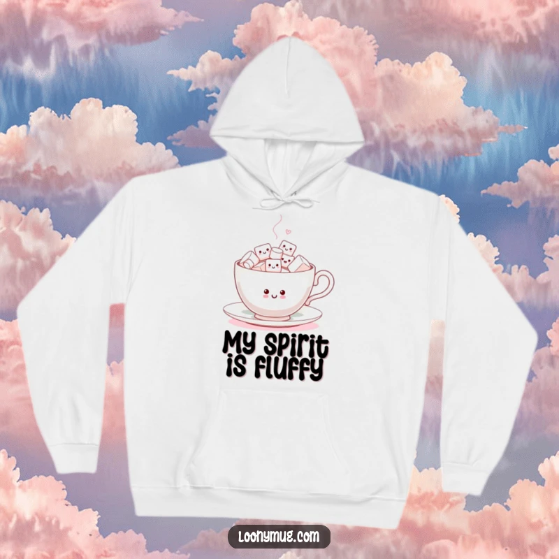Funny Hoodie depicting a cheerful teacup brimming with tiny, lively marshmallows caught in a happy dance, radiating fun.