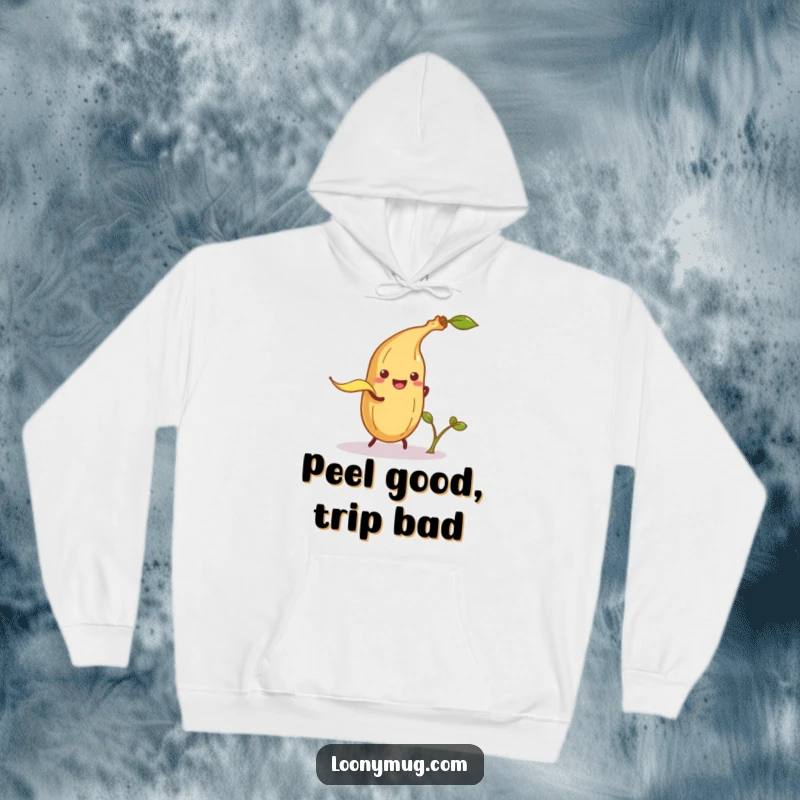 Funny hoodie showing a mischievous banana peel plotting to trip a smiling potato sprout, adding a touch of playful danger.