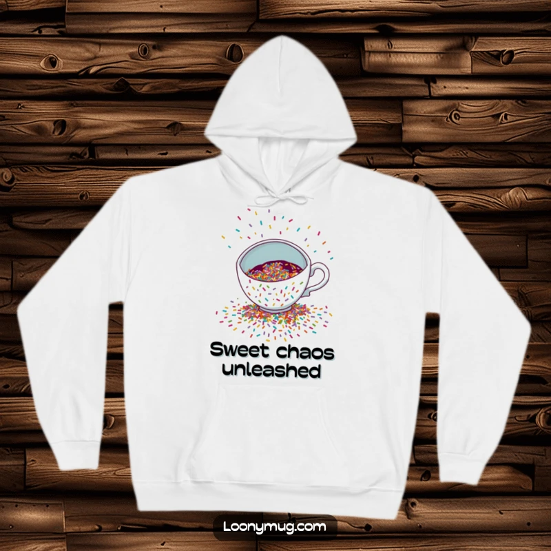 Funny Hoodie featuring a mischievous teacup spilling a vibrant cascade of colorful sprinkles, combining comfort and party vibes.
