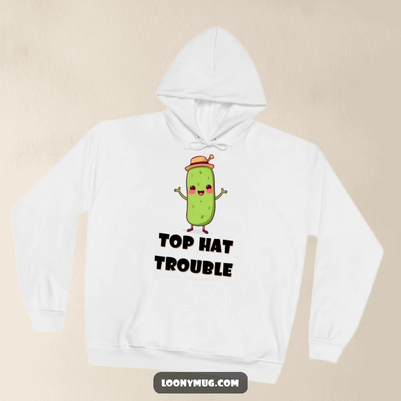 Funny hoodie featuring a pickle happily dancing and wearing a top hat, perfect for comfort and cheer.