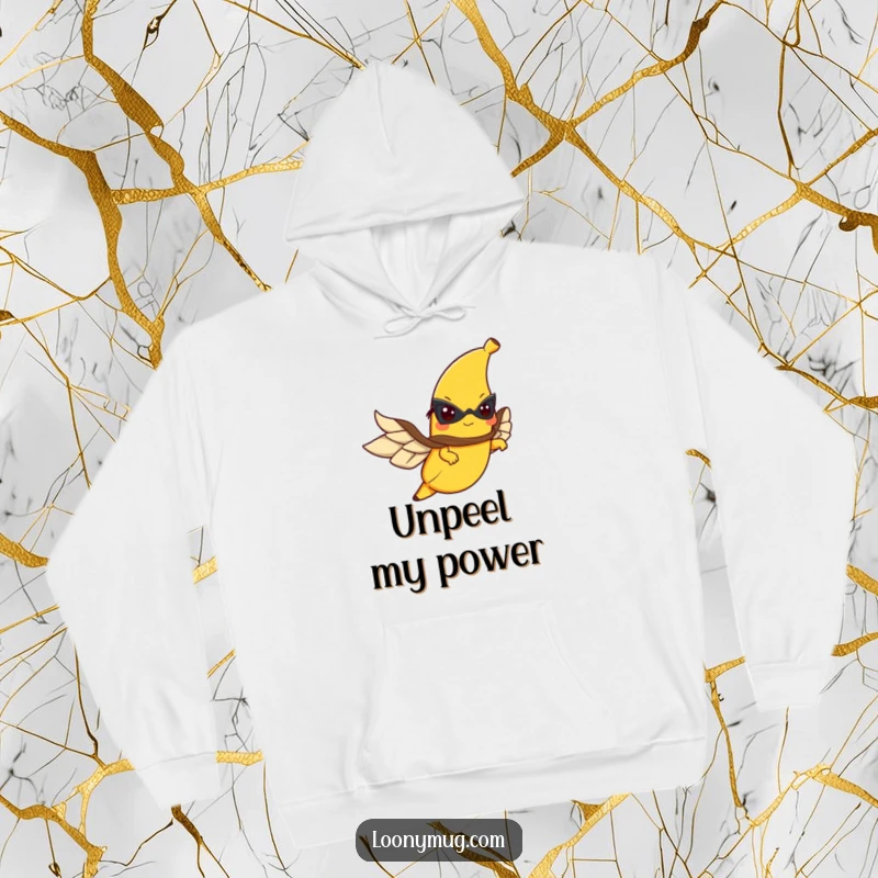 Funny hoodie design of a cape-wearing banana flying with a determined look, a symbol of fruity power.