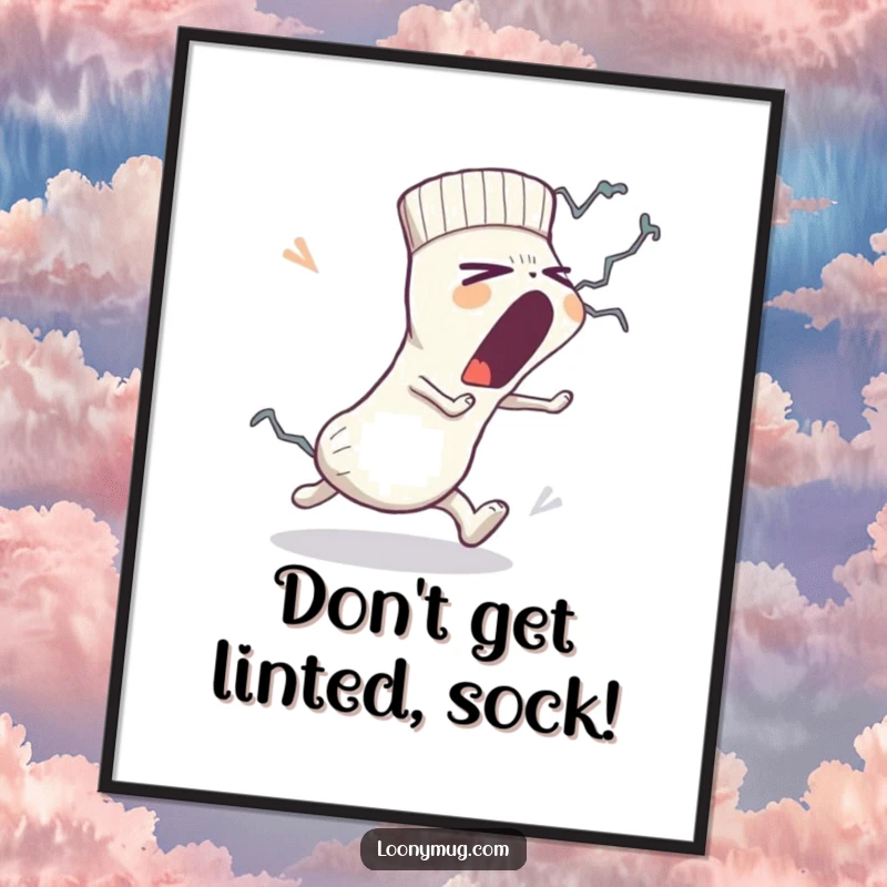 Funny Free Printable Wall Art: A sleepy sock yawns while a lint monster gives chase, creating whimsical decor.