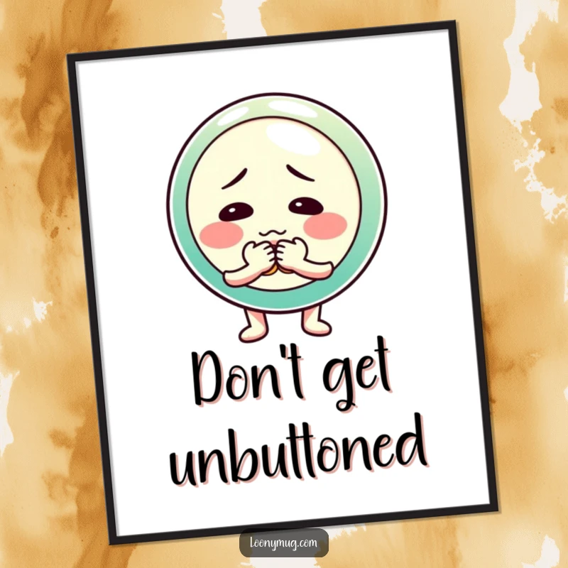 Funny Free Printable Wall Art of a shy button character nervously fumbling with its buttons in a state of endearing embarrassment.