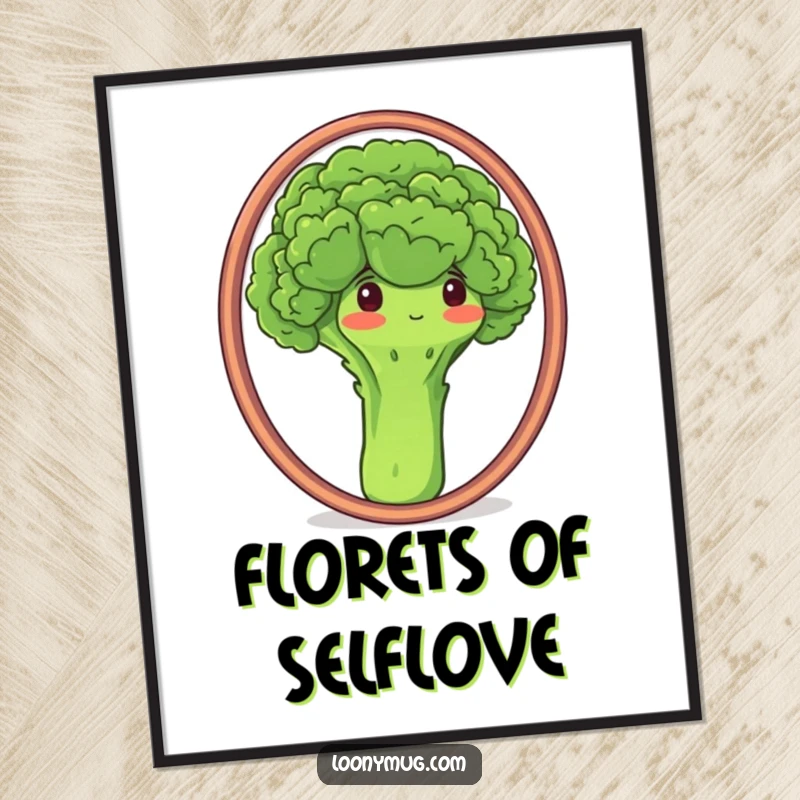 Funny Free Printable Wall Art: Proud broccoli staring admiringly into a mirror. Confident downloadable art.
