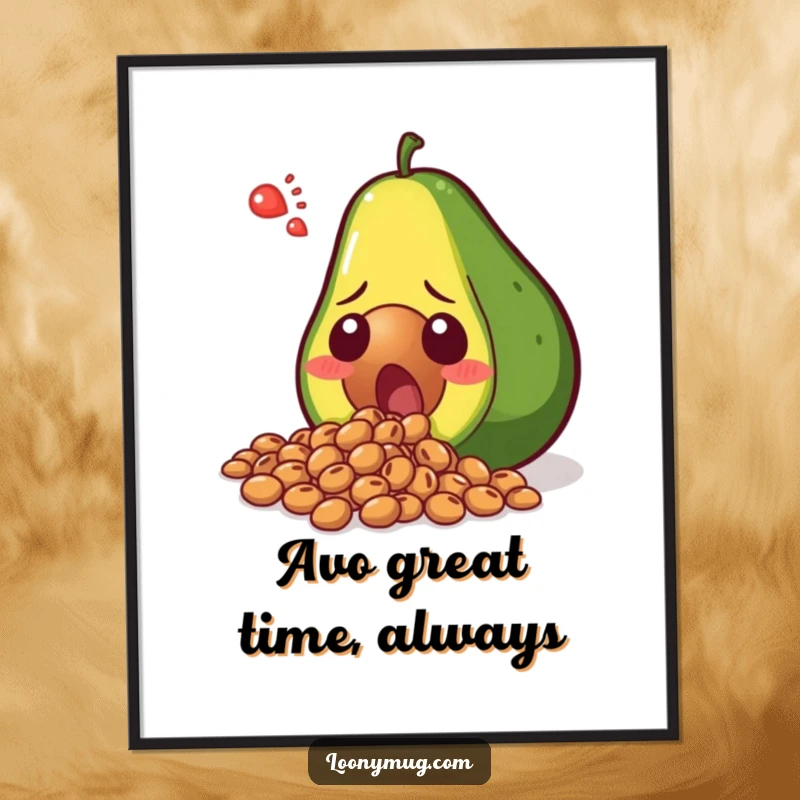 Funny Free Printable Wall Art: Shocked avocado spilling its seeds in disbelief, perfect for quirky home decor.