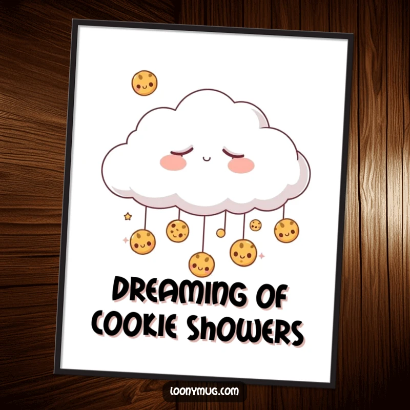 Funny Free Printable Wall Art: Sleepy cloud dreaming of raining cookies, ideal for whimsical home decor.