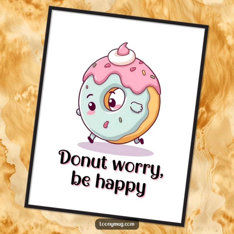 Funny Free Printable Wall Art: A clumsy donut character tripping over its own frosting with a comical splat, perfect for playful DIY home decor.