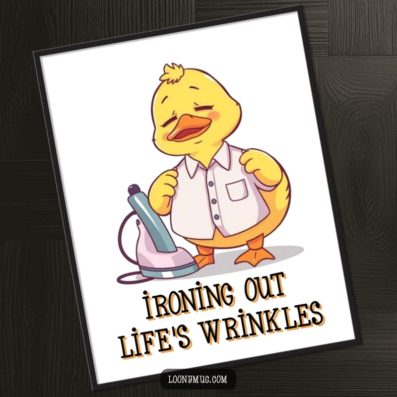 Funny Free Printable Wall Art: A rubber duck looks completely bewildered while attempting to iron a child's shirt.