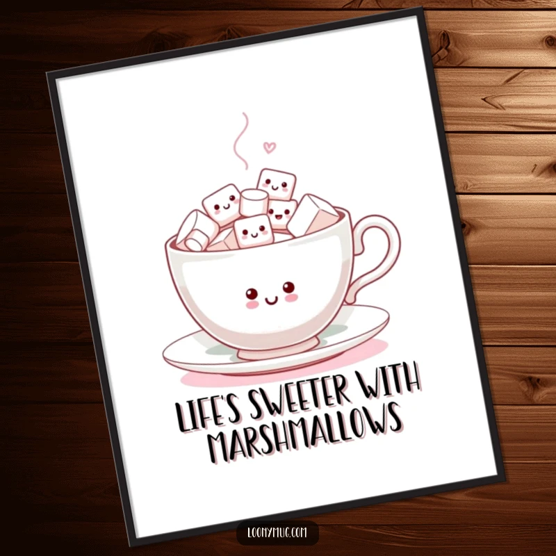 Funny Free Printable Wall Art: Whimsical teacup overflowing with tiny, joyful marshmallows engaged in a lively dance.