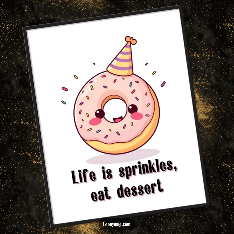 Funny Free Printable Wall Art: A cheerful donut wearing a small party hat, juggling sprinkles.