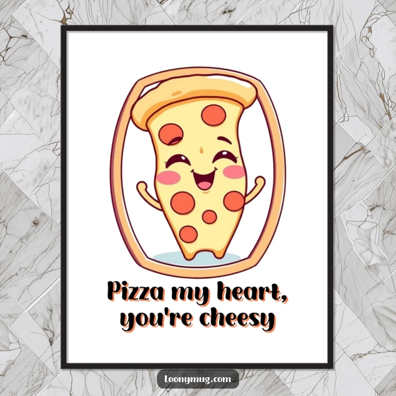Funny Free Printable Wall Art: A giggling pizza slice character hilariously makes silly faces while staring into a mirror.