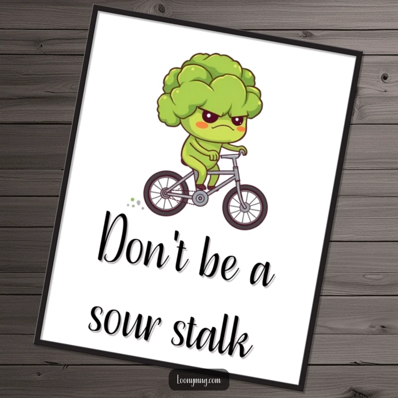 Funny free printable wall art: a grumpy broccoli attempting to ride a tiny bicycle, showcasing determination despite a frown.