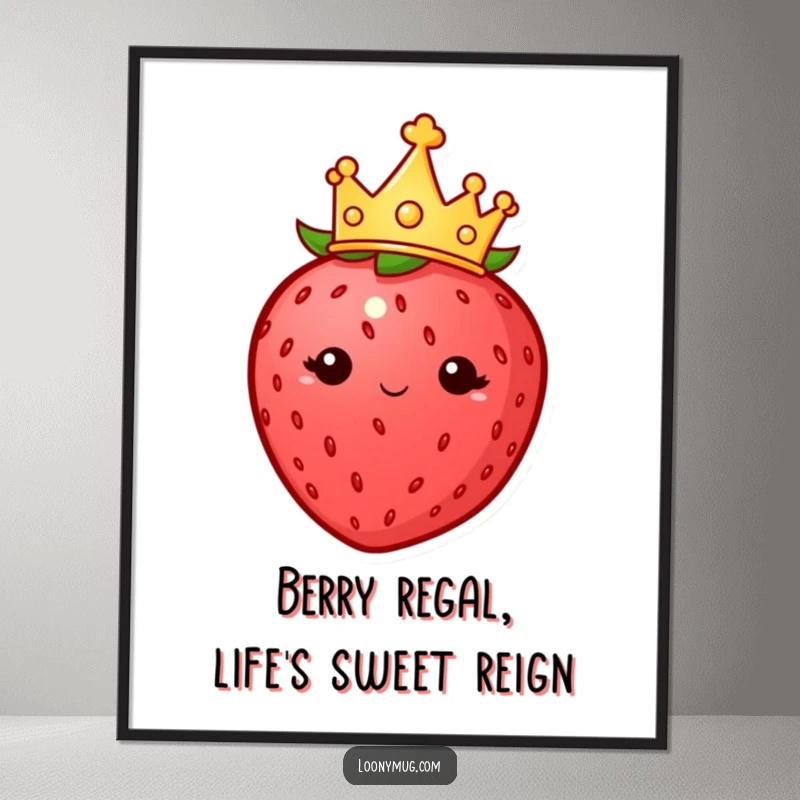 Funny Free Printable Wall Art: A plump strawberry wearing a tiny crown surveys its domain with an imperious look, downloadable art.