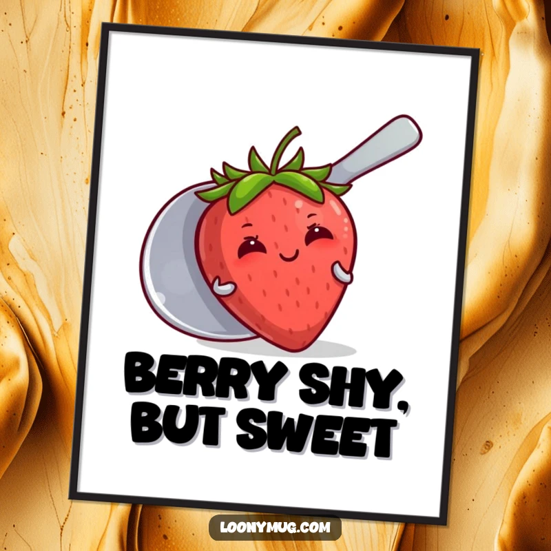 Funny Free Printable Wall Art: Shy blushing strawberry hiding behind a giant spoon. Adorable downloadable art.