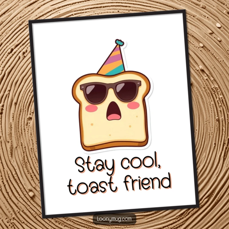 Funny Free Printable Wall Art of a surprised slice of toast wearing sunglasses and a party hat, radiating fun.