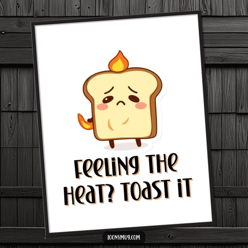 Funny Free Printable Wall Art: A nervous slice of toast is comically trying to extinguish a small fire on its back.