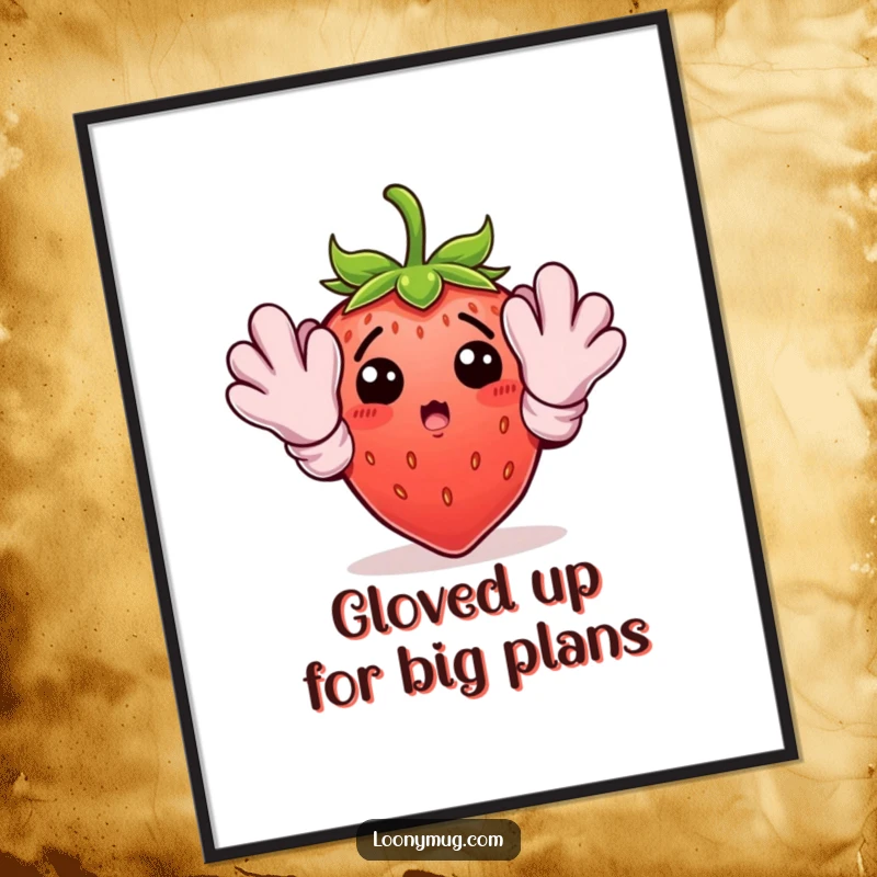 Funny Free Printable Wall Art of a surprised strawberry wearing oversized gardening gloves, ready to plant some smiles.