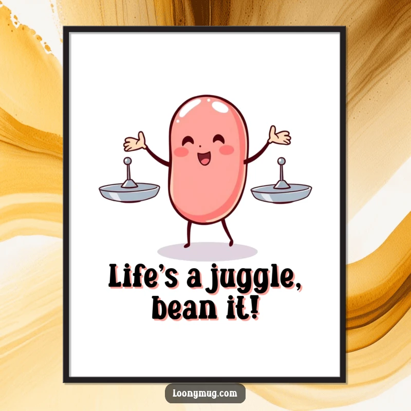 Funny Free Printable Wall Art: A wobbly jelly bean in mid-juggle, keeping three colorful plates spinning with precarious determination.