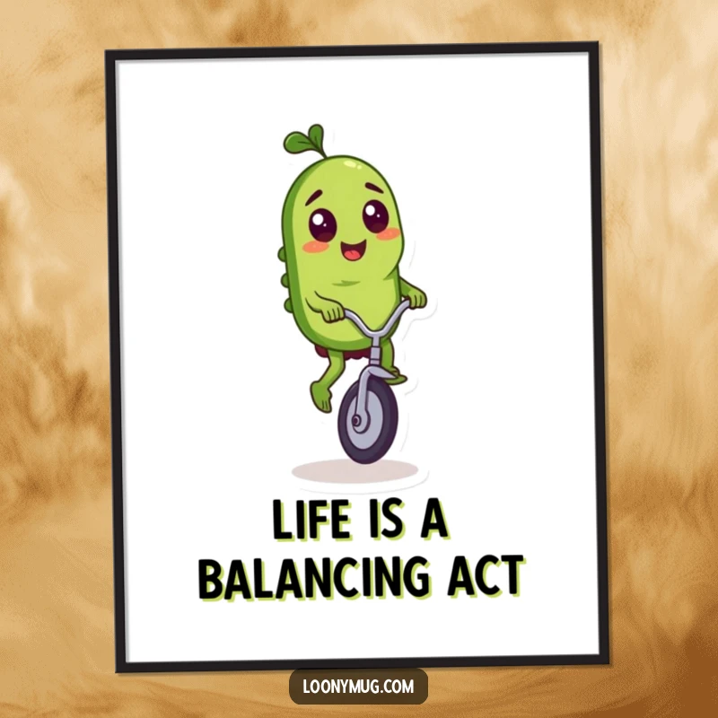 Funny Free Printable Wall Art: A pickle character masterfully riding a unicycle, showcasing balance, skill, and mischievous personality.