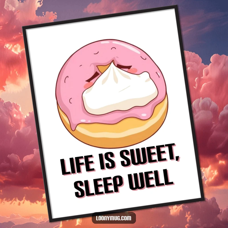 Funny Free Printable Wall Art: A charmingly sleepy donut snuggles a fluffy whipped cream pillow, perfect for cozy, humorous home decor.