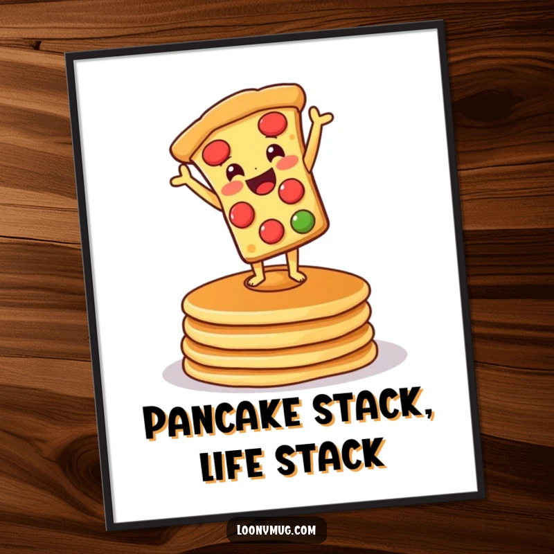 Funny Free Printable Wall Art: A pizza in a handstand on wobbly pancakes, radiating cheerful energy.