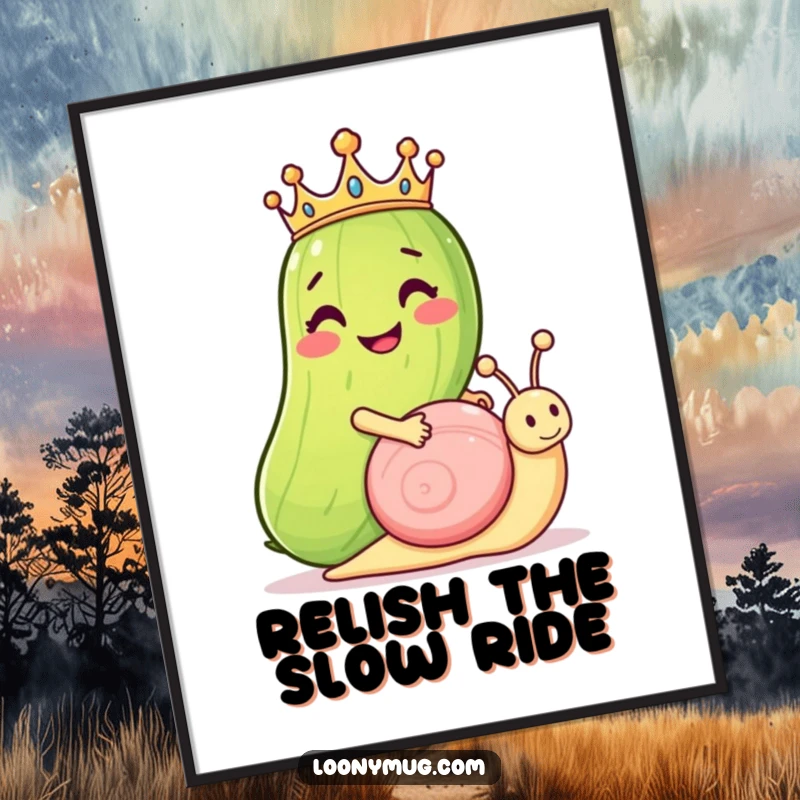 Funny Free Printable Wall Art: A grinning pickle wearing a crown rides a snail, creating whimsical and regal decor.
