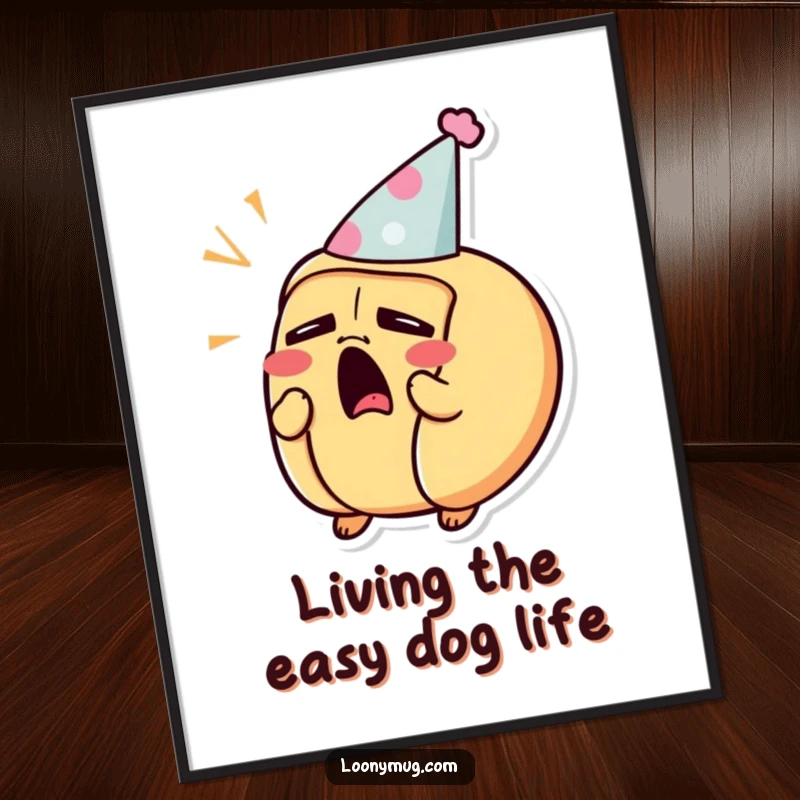 Funny Free Printable Wall Art: A hot dog character in a party hat yawning adorably, perfect for adding cozy humor to decor.