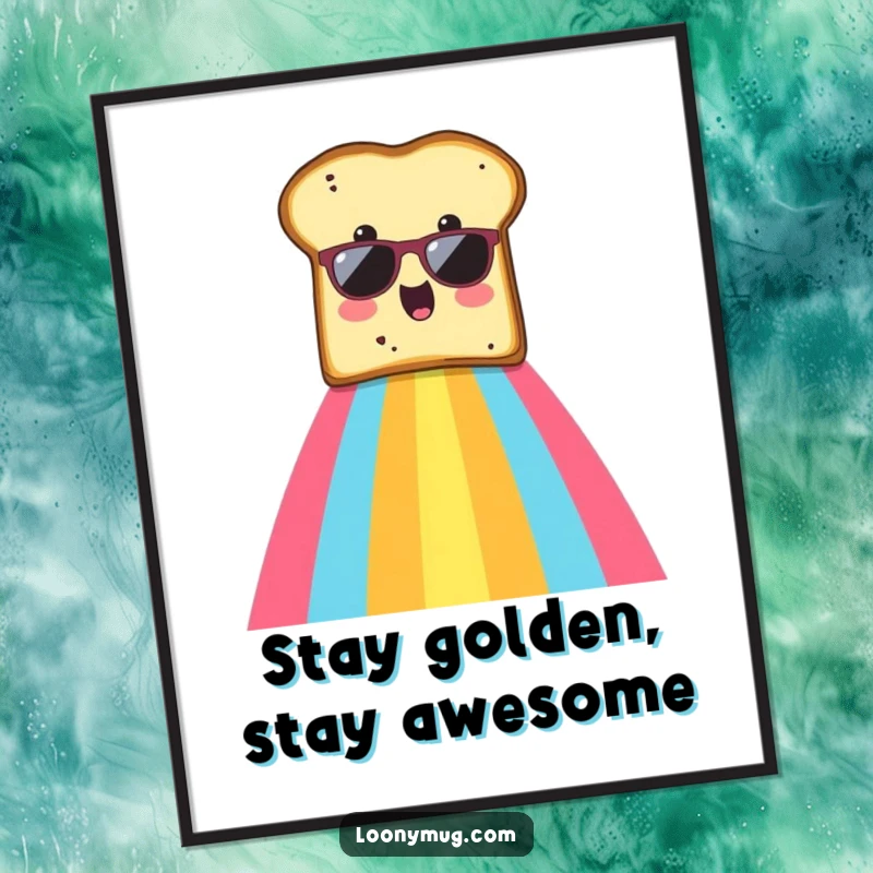 Funny Free Printable Wall Art: A surprised slice of toast wearing sunglasses sliding down a colorful rainbow.
