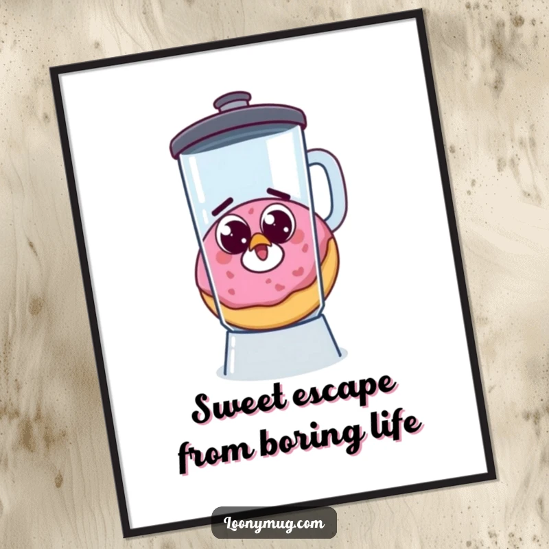 Funny Free Printable Wall Art: A startled donut with googly eyes is hilariously escaping a whirring blender.