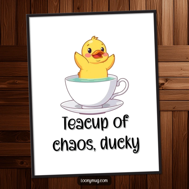 Funny Free Printable Wall Art of a startled rubber duck floating upside down in a teacup, ideal for whimsical decor.