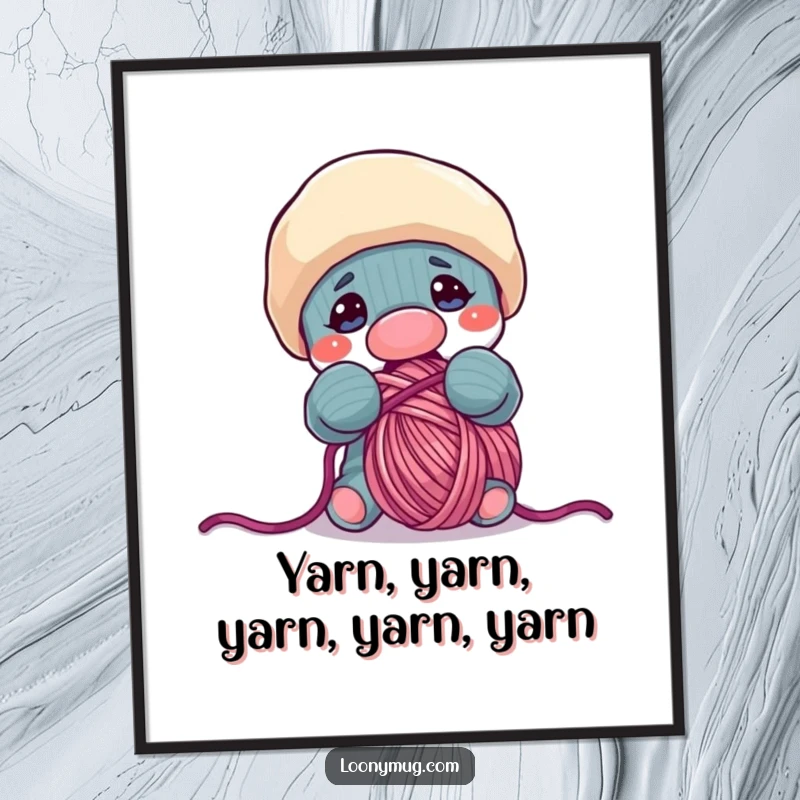 Funny Free Printable Wall Art: A mischievous sock puppet comically attempting to eat a ball of yarn, adding humor to any room.