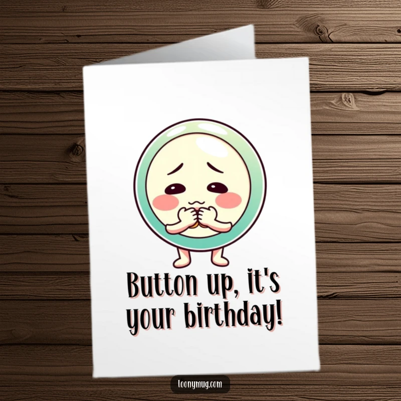 Funny Free Printable Birthday Card: A shy button character fumbles with its own buttons in a moment of sweet embarrassment.