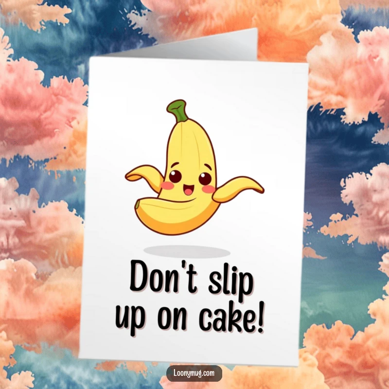Funny Free Printable Birthday Card: A happy banana peel comically slips on its own shape with wide eyes.