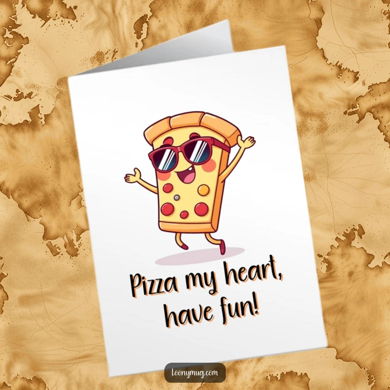 Funny free printable birthday card: a slice of pizza wearing sunglasses, doing a totally rad silly dance, celebrating a birthday.