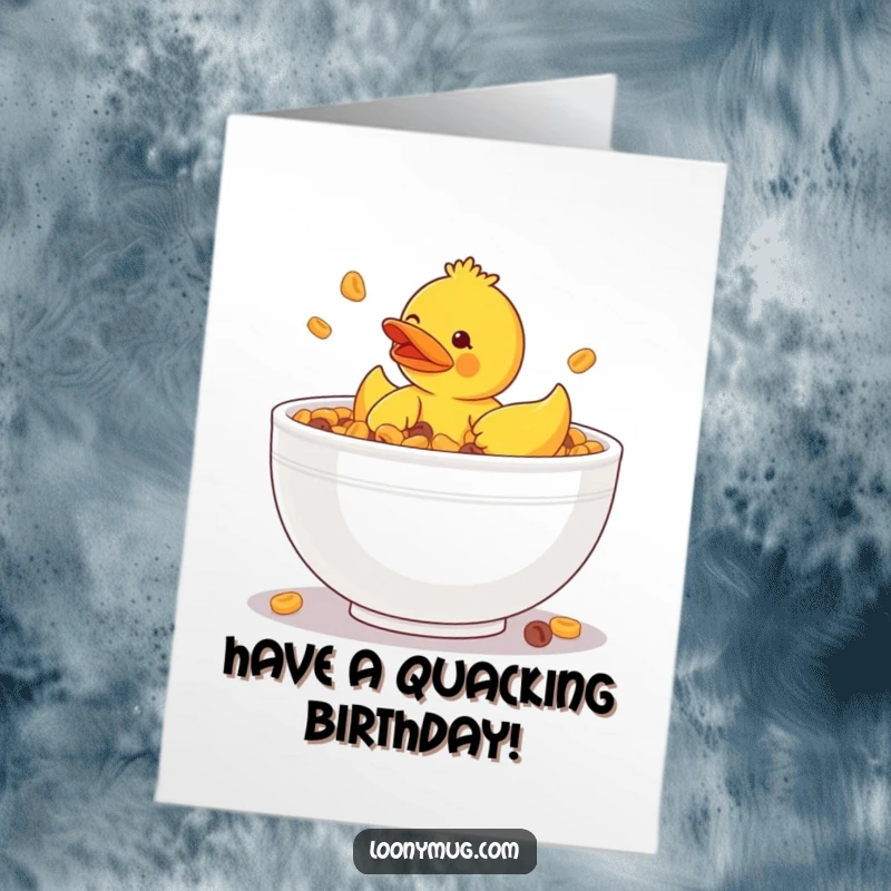 Funny Free Printable Birthday Card: Clumsy rubber ducky stuck in a giant cereal bowl. Hilarious downloadable gift.