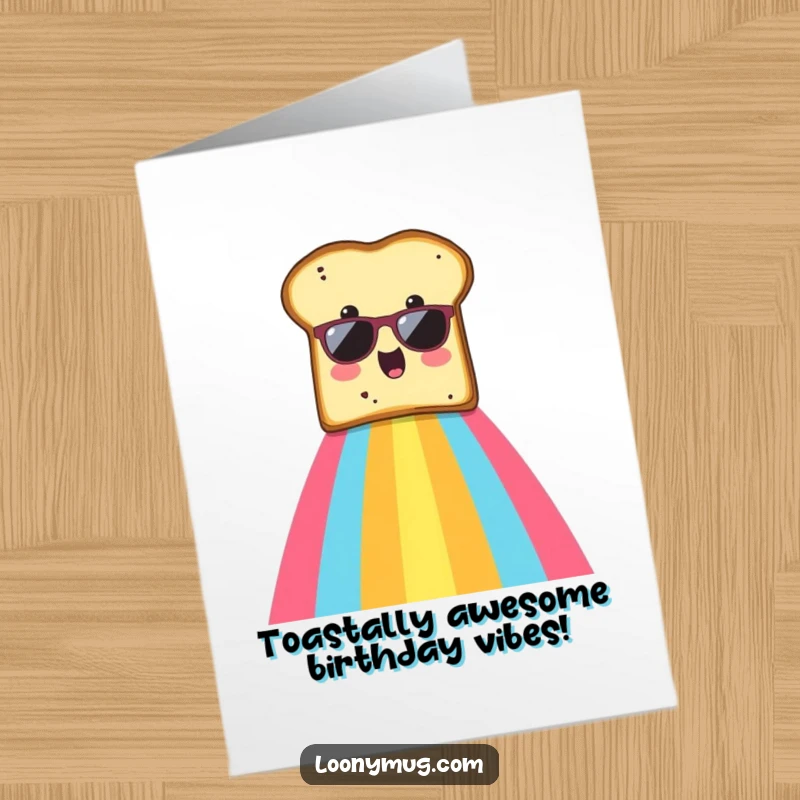 Funny Free Printable Birthday Card: Surprised toast with sunglasses slides down a vibrant rainbow.