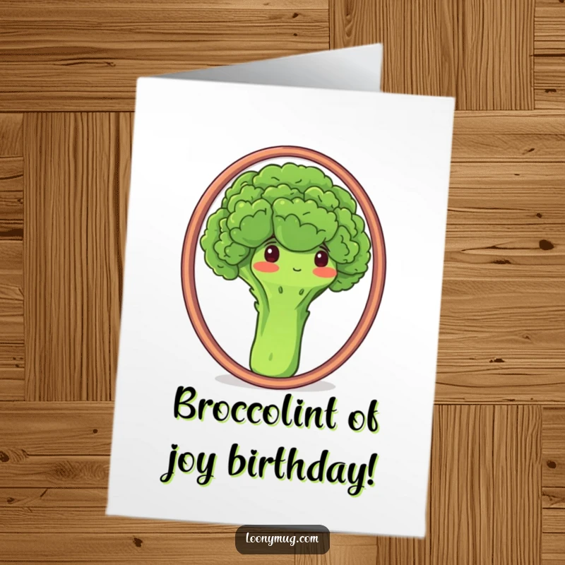 Funny Free Printable Birthday Card: Proud broccoli admiring its reflection in a mirror. Confident downloadable gift.