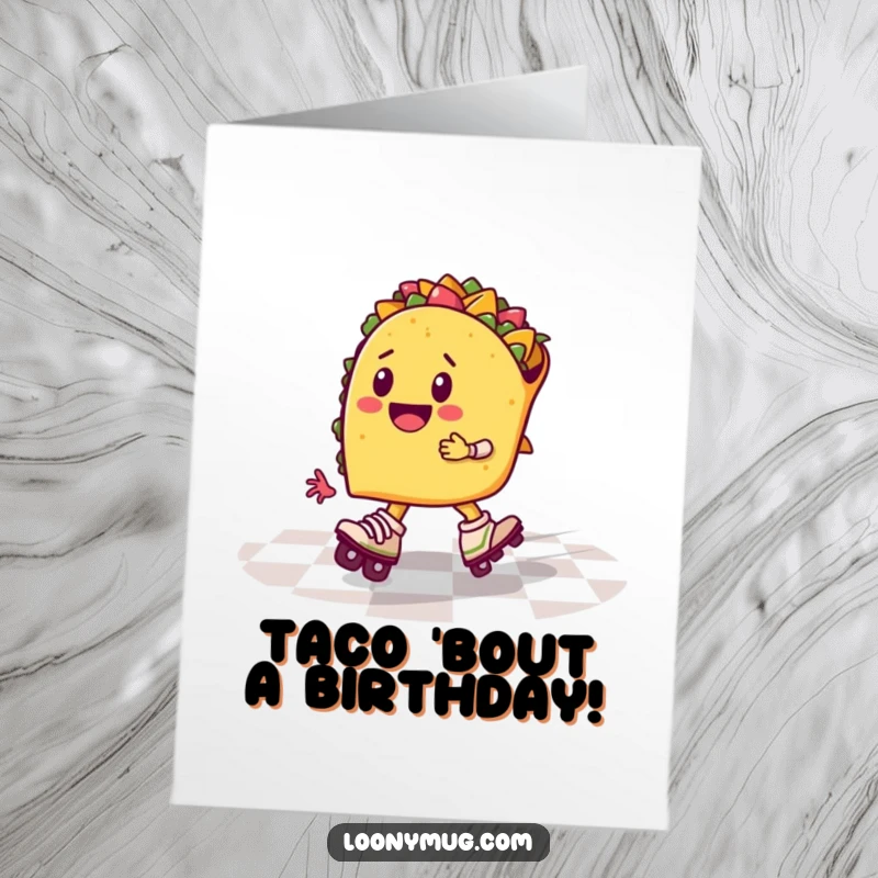 Funny Free Printable Birthday Card: A cheerful taco on roller skates speeds across a checkered floor, a great DIY gift.