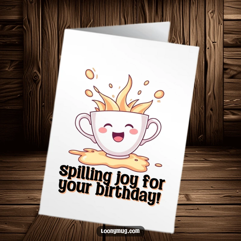 Funny Free Printable Birthday Card: A cheerful teacup character spills its contents in pure excitement for the celebration.