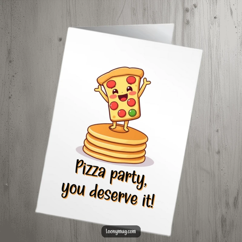Funny Free Printable Birthday Card featuring a cheerful pizza doing a handstand on pancakes, ready to celebrate.